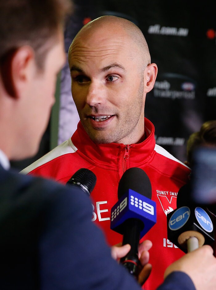 AFL 2016 Media - NAB Trade Period MELBOURNE, AUSTRALIA - OCTOBER 20: Tom Harley of the Swans addresses the media during the NAB Trade Period at Etihad Stadium in Melbourne, Australia on October 20, 2016. (Photo by Michael Willson/AFL Media)